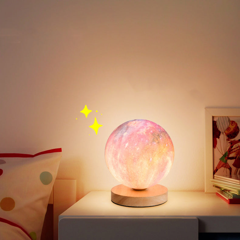 Contemporary Simplicity Starry Sky Moon PLA Round Shade Wood 1-Light Night Light Table Lamp For Bedroom