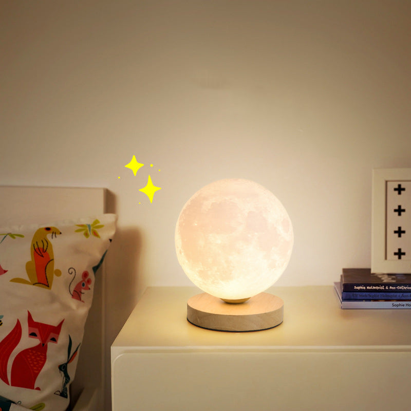 Contemporary Simplicity Starry Sky Moon PLA Round Shade Wood 1-Light Night Light Table Lamp For Bedroom
