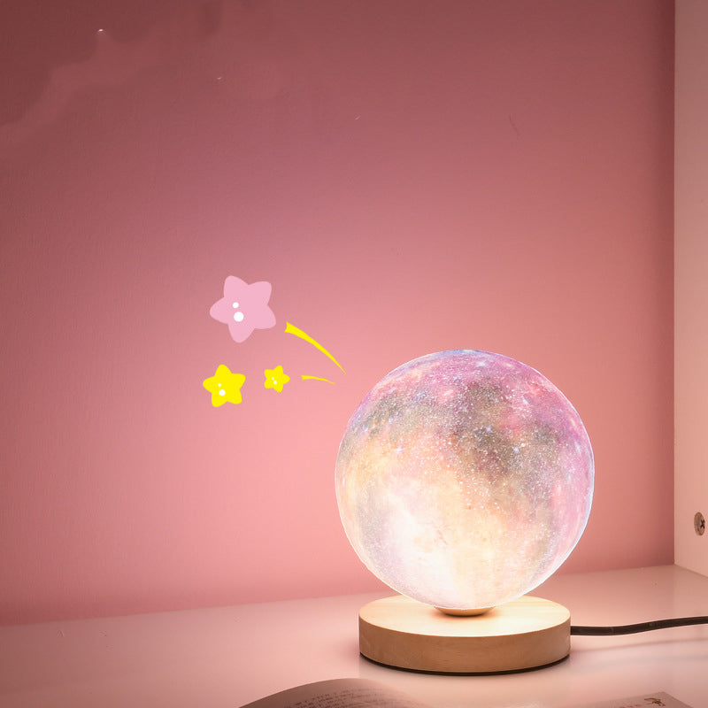 Contemporary Simplicity Starry Sky Moon PLA Round Shade Wood 1-Light Night Light Table Lamp For Bedroom