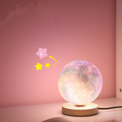 Contemporary Simplicity Starry Sky Moon PLA Round Shade Wood 1-Light Night Light Table Lamp For Bedroom