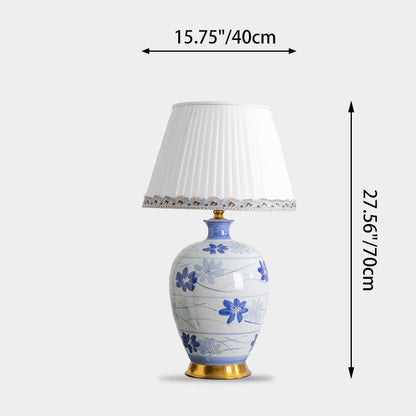 Traditional Chinese Blue And White Porcelain Ceramic Vase Base Pleated Fabric Shade 1-Light Table Lamp For Study