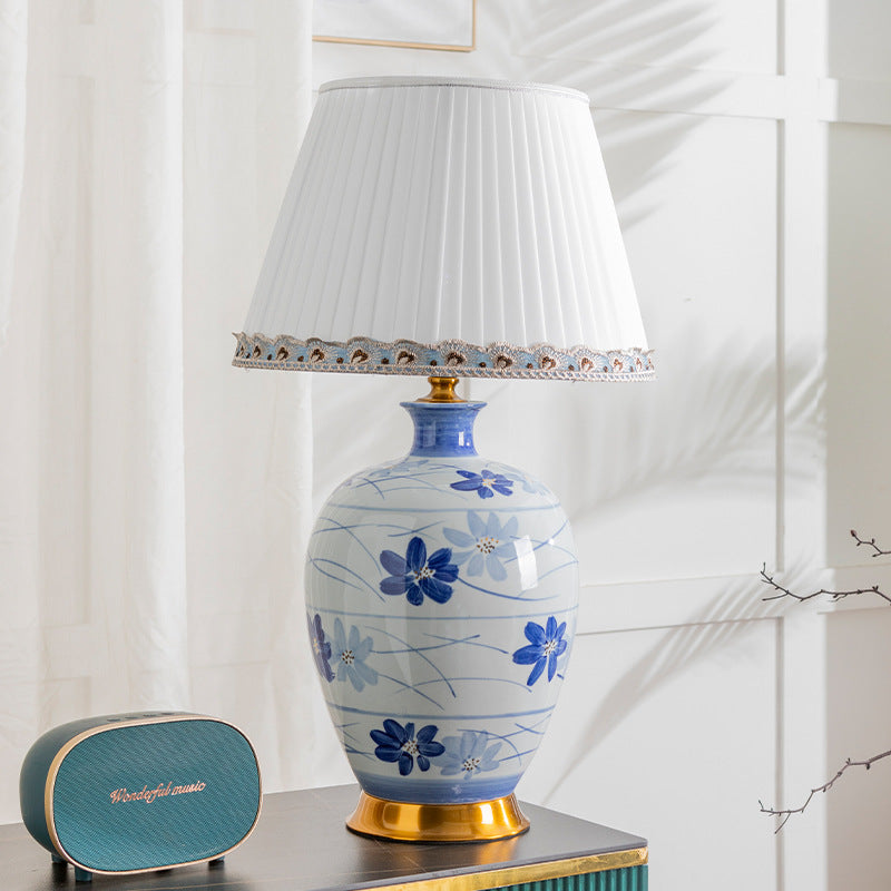 Traditional Chinese Blue And White Porcelain Ceramic Vase Base Pleated Fabric Shade 1-Light Table Lamp For Study