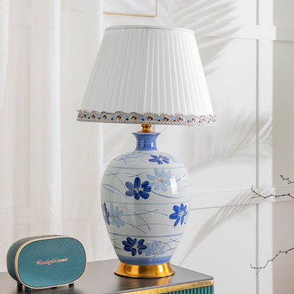 Traditional Chinese Blue And White Porcelain Ceramic Vase Base Pleated Fabric Shade 1-Light Table Lamp For Study