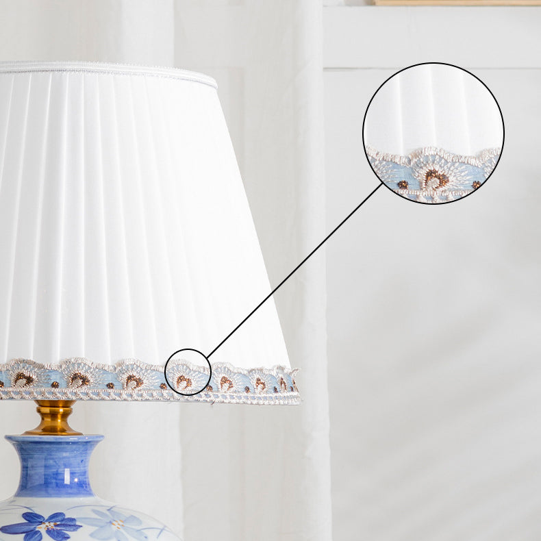 Traditional Chinese Blue And White Porcelain Ceramic Vase Base Pleated Fabric Shade 1-Light Table Lamp For Study