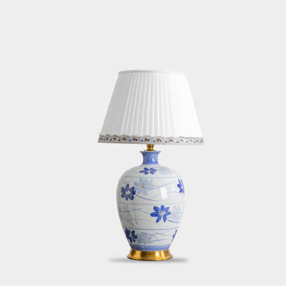 Traditional Chinese Blue And White Porcelain Ceramic Vase Base Pleated Fabric Shade 1-Light Table Lamp For Study