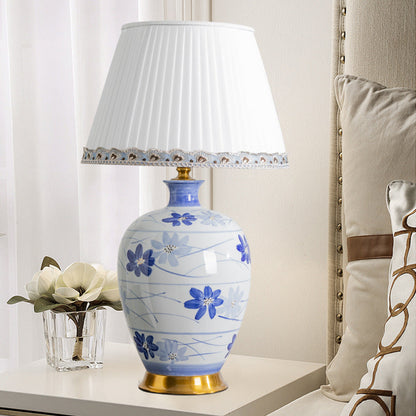 Traditional Chinese Blue And White Porcelain Ceramic Vase Base Pleated Fabric Shade 1-Light Table Lamp For Study