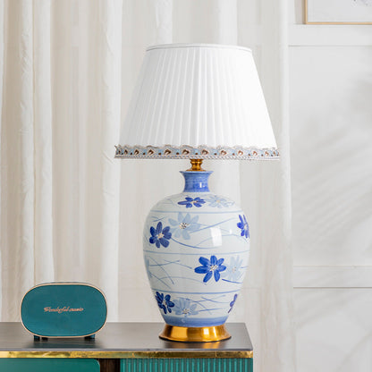 Traditional Chinese Blue And White Porcelain Ceramic Vase Base Pleated Fabric Shade 1-Light Table Lamp For Study