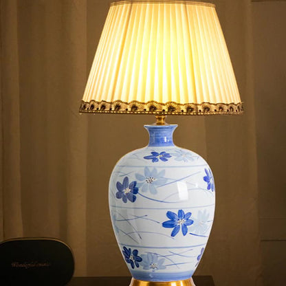 Traditional Chinese Blue And White Porcelain Ceramic Vase Base Pleated Fabric Shade 1-Light Table Lamp For Study