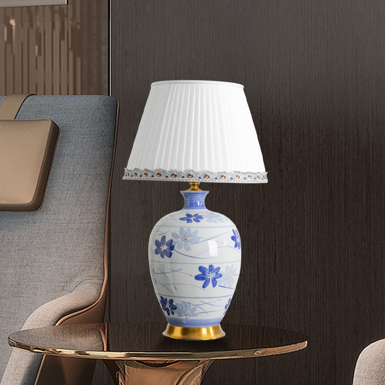Traditional Chinese Blue And White Porcelain Ceramic Vase Base Pleated Fabric Shade 1-Light Table Lamp For Study