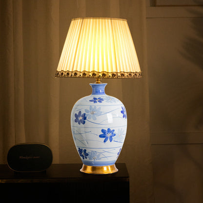 Traditional Chinese Blue And White Porcelain Ceramic Vase Base Pleated Fabric Shade 1-Light Table Lamp For Study