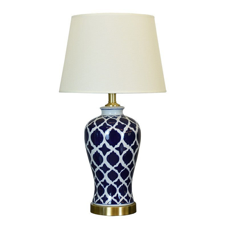 Traditional Chinese Fabric Cylinder Shade Ceramic Vase Base 1-Light Table Lamp For Study