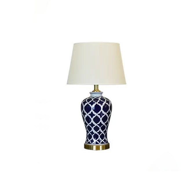 Traditional Chinese Fabric Cylinder Shade Ceramic Vase Base 1-Light Table Lamp For Study