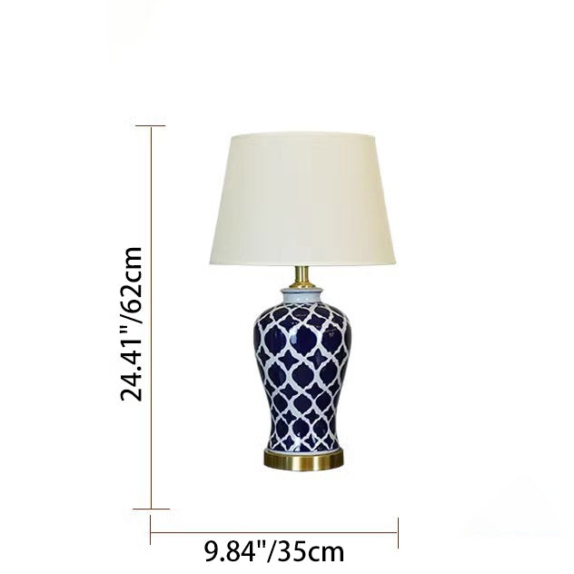 Traditional Chinese Fabric Cylinder Shade Ceramic Vase Base 1-Light Table Lamp For Study