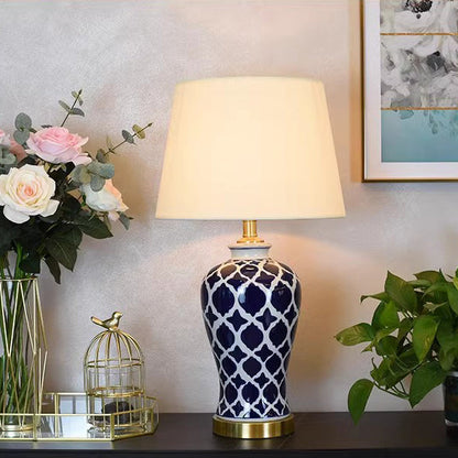 Traditional Chinese Fabric Cylinder Shade Ceramic Vase Base 1-Light Table Lamp For Study