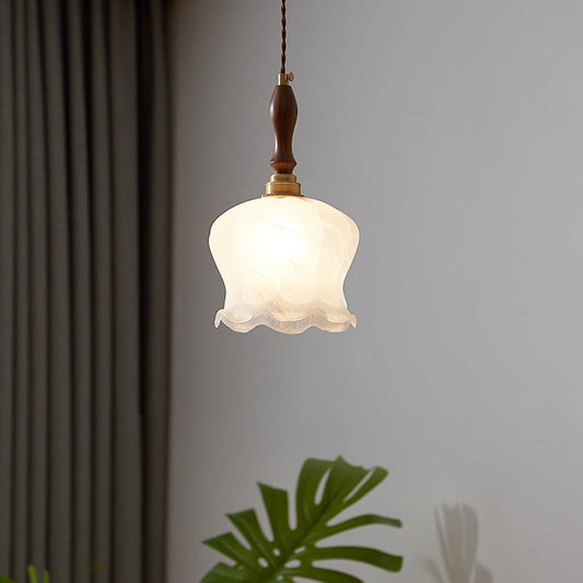 Contemporary Retro Solid Wood Flower Glass Shade 1-Light Pendant Light For Dining Room