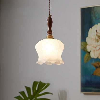 Contemporary Retro Solid Wood Flower Glass Shade 1-Light Pendant Light For Dining Room