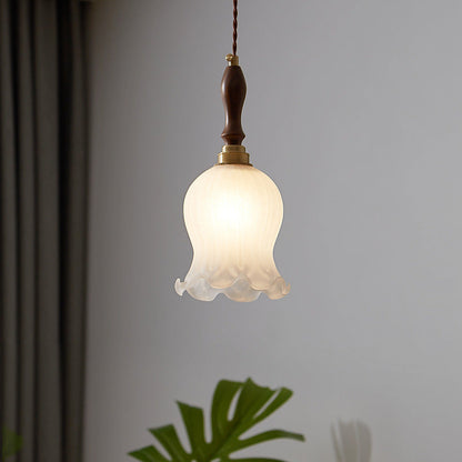 Contemporary Retro Solid Wood Flower Glass Shade 1-Light Pendant Light For Dining Room