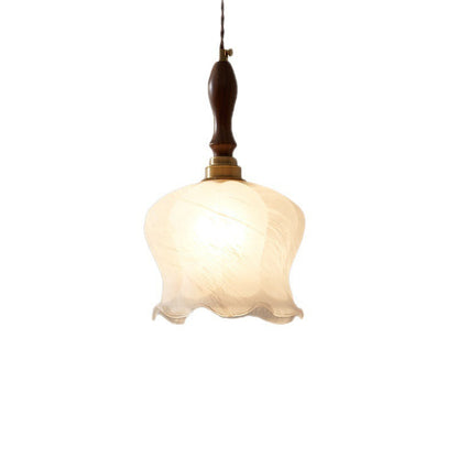 Contemporary Retro Solid Wood Flower Glass Shade 1-Light Pendant Light For Dining Room
