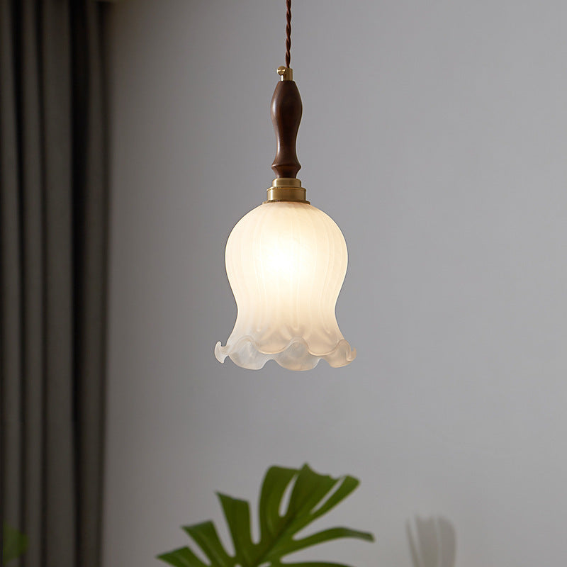 Contemporary Retro Solid Wood Flower Glass Shade 1-Light Pendant Light For Dining Room