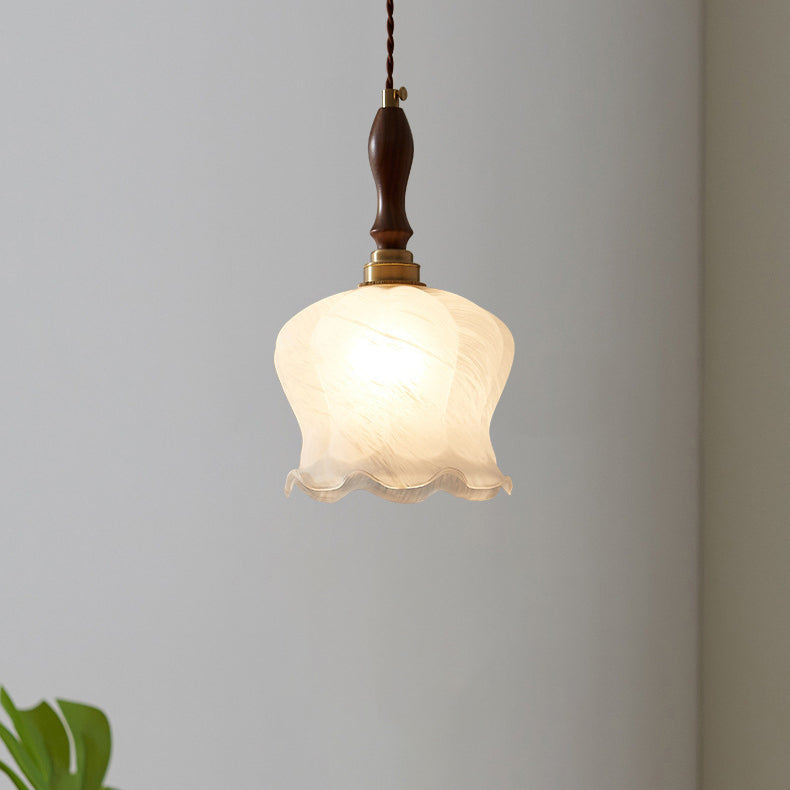 Contemporary Retro Solid Wood Flower Glass Shade 1-Light Pendant Light For Dining Room