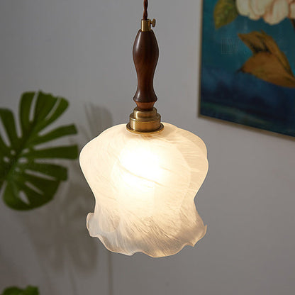 Contemporary Retro Solid Wood Flower Glass Shade 1-Light Pendant Light For Dining Room