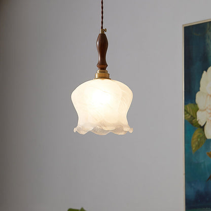 Contemporary Retro Solid Wood Flower Glass Shade 1-Light Pendant Light For Dining Room