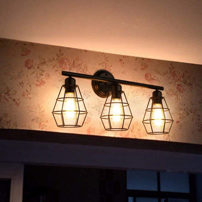 Traditional Vintage Geometrical Iron Frame 3-Light Mirror Front Wall Sconce Lamp For Bedroom