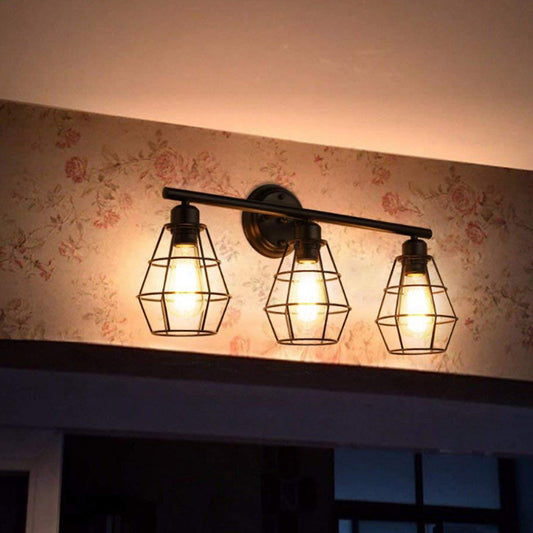 Traditional Vintage Geometrical Iron Frame 3-Light Mirror Front Wall Sconce Lamp For Bedroom