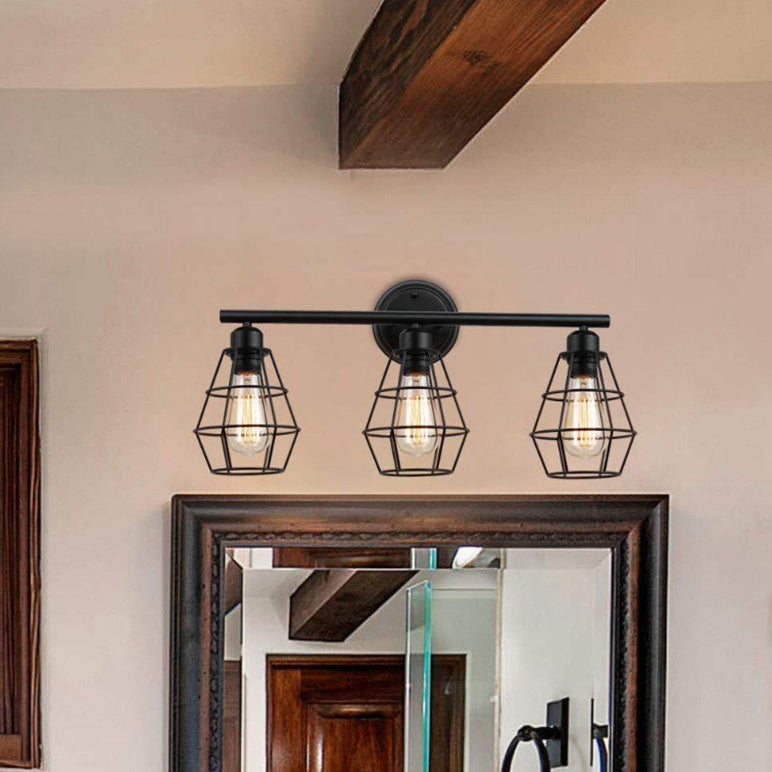 Traditional Vintage Geometrical Iron Frame 3-Light Mirror Front Wall Sconce Lamp For Bedroom