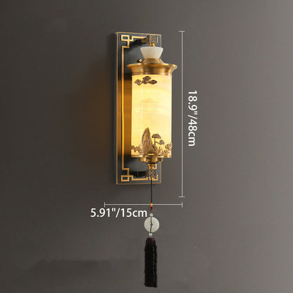 Traditional Chinese Brass Natural Jade Cylinder LED Wall Sconce Lamp For Living Room