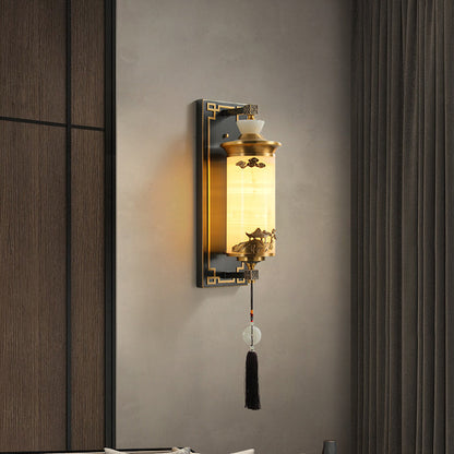 Traditional Chinese Brass Natural Jade Cylinder LED Wall Sconce Lamp For Living Room