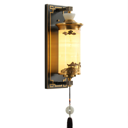 Traditional Chinese Brass Natural Jade Cylinder LED Wall Sconce Lamp For Living Room