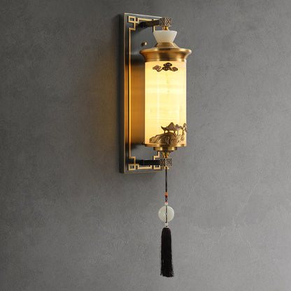 Traditional Chinese Brass Natural Jade Cylinder LED Wall Sconce Lamp For Living Room