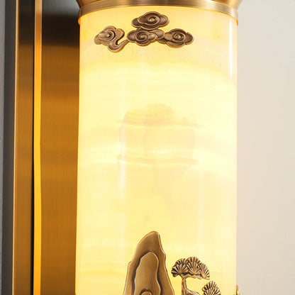 Traditional Chinese Brass Natural Jade Cylinder LED Wall Sconce Lamp For Living Room