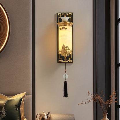 Traditional Chinese Brass Natural Jade Cylinder LED Wall Sconce Lamp For Living Room
