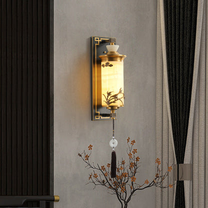 Traditional Chinese Brass Natural Jade Cylinder LED Wall Sconce Lamp For Living Room