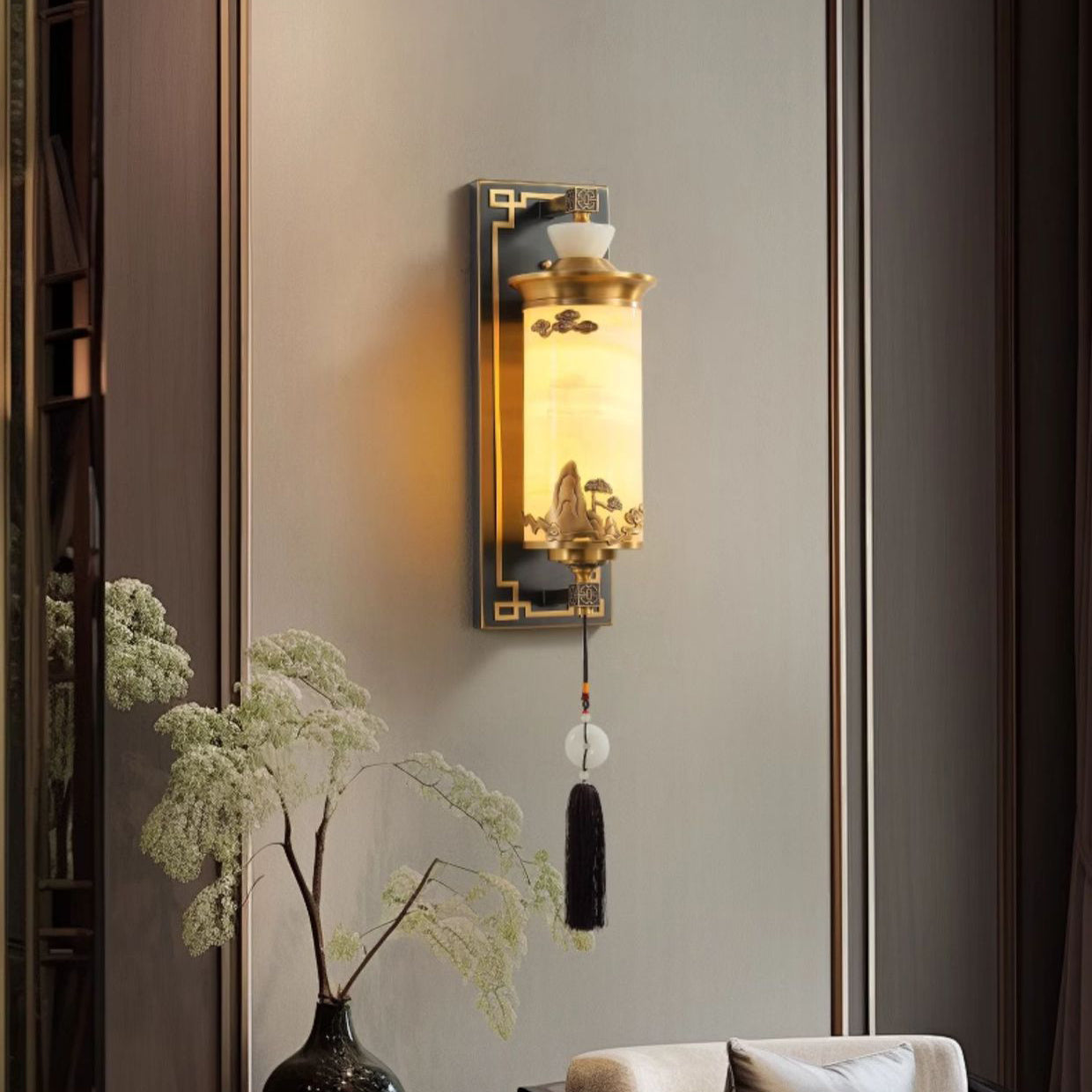 Traditional Chinese Brass Natural Jade Cylinder LED Wall Sconce Lamp For Living Room
