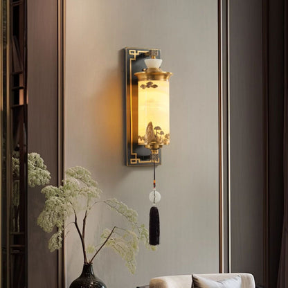 Traditional Chinese Brass Natural Jade Cylinder LED Wall Sconce Lamp For Living Room