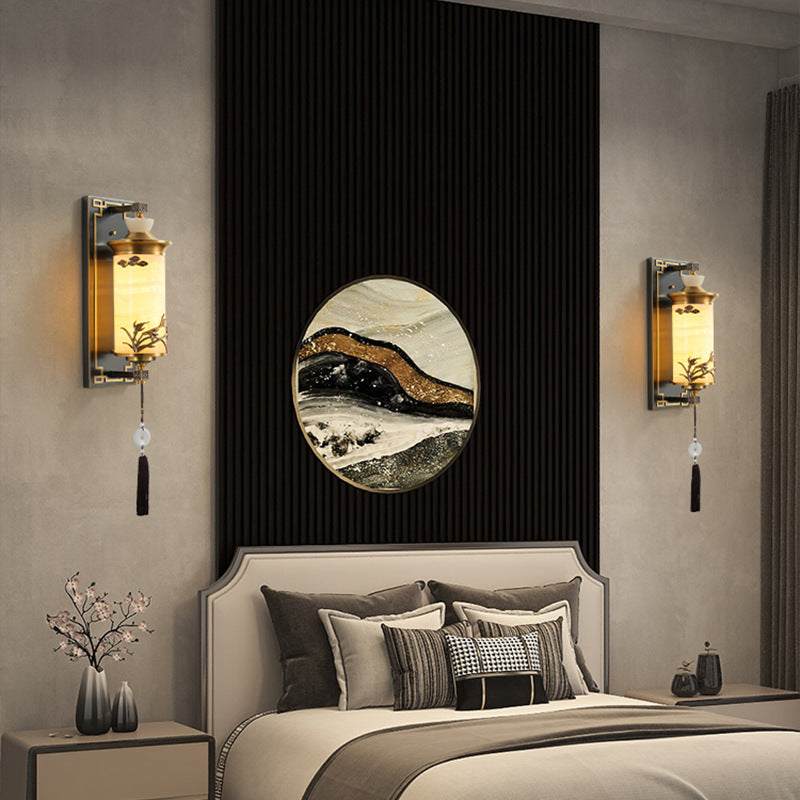 Traditional Chinese Brass Natural Jade Cylinder LED Wall Sconce Lamp For Living Room