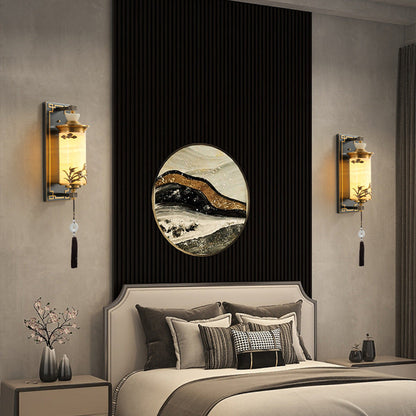 Traditional Chinese Brass Natural Jade Cylinder LED Wall Sconce Lamp For Living Room