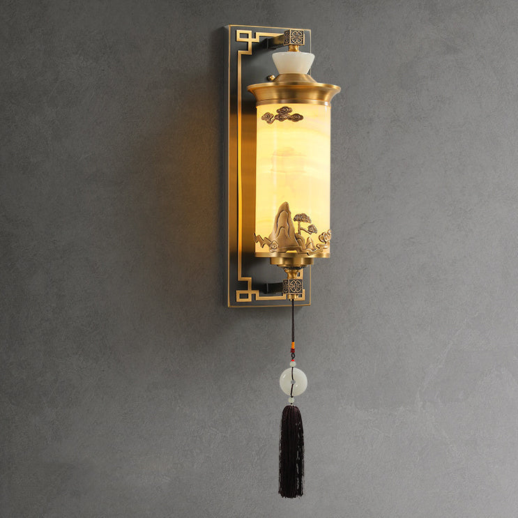 Traditional Chinese Brass Natural Jade Cylinder LED Wall Sconce Lamp For Living Room