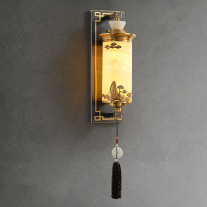 Traditional Chinese Brass Natural Jade Cylinder LED Wall Sconce Lamp For Living Room