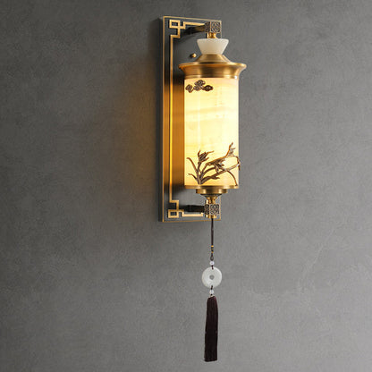 Traditional Chinese Brass Natural Jade Cylinder LED Wall Sconce Lamp For Living Room