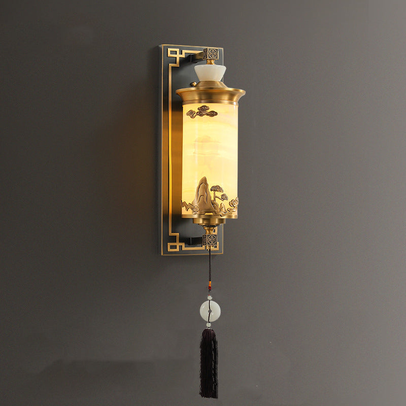Traditional Chinese Brass Natural Jade Cylinder LED Wall Sconce Lamp For Living Room