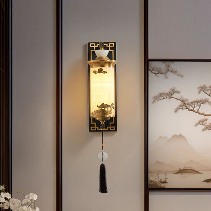 Traditional Chinese Brass Natural Jade Cylinder LED Wall Sconce Lamp For Living Room