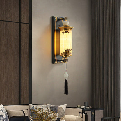 Traditional Chinese Brass Natural Jade Cylinder LED Wall Sconce Lamp For Living Room