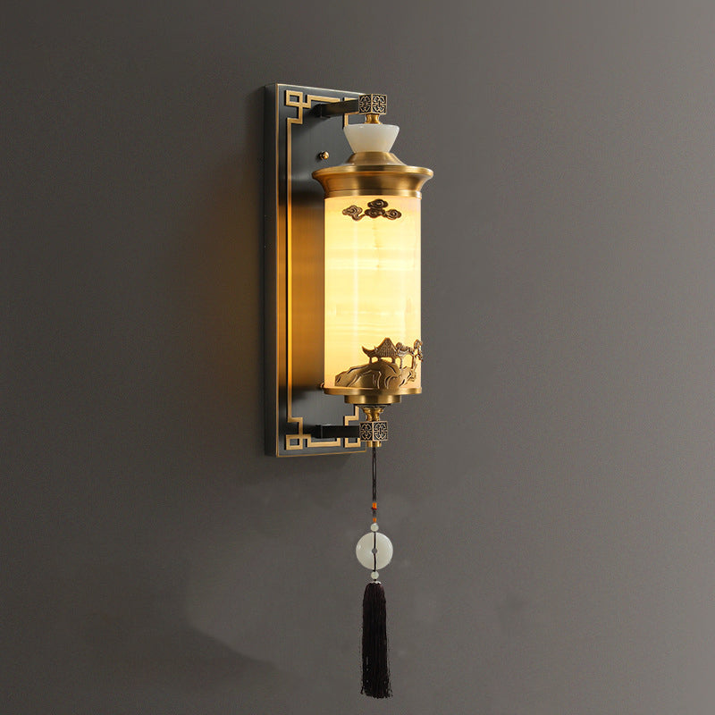 Traditional Chinese Brass Natural Jade Cylinder LED Wall Sconce Lamp For Living Room