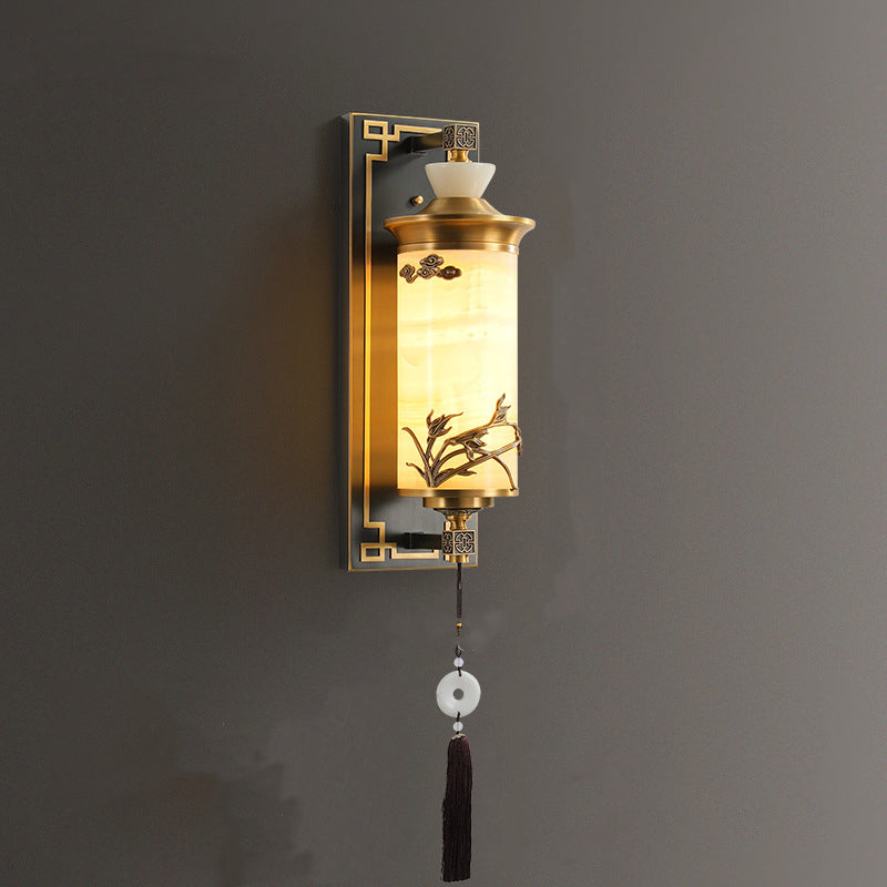 Traditional Chinese Brass Natural Jade Cylinder LED Wall Sconce Lamp For Living Room
