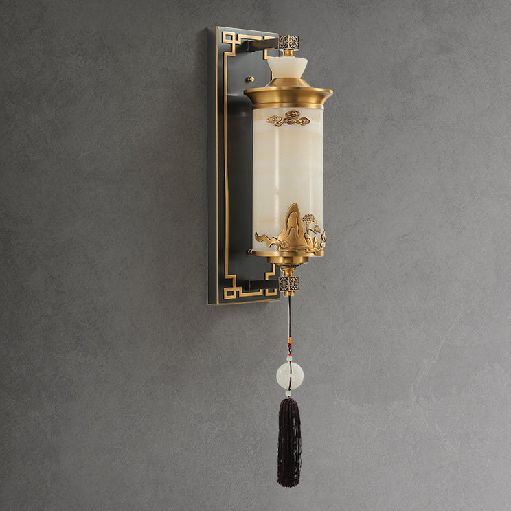Traditional Chinese Brass Natural Jade Cylinder LED Wall Sconce Lamp For Living Room