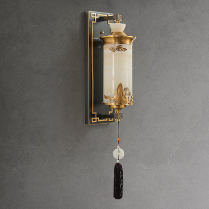 Traditional Chinese Brass Natural Jade Cylinder LED Wall Sconce Lamp For Living Room